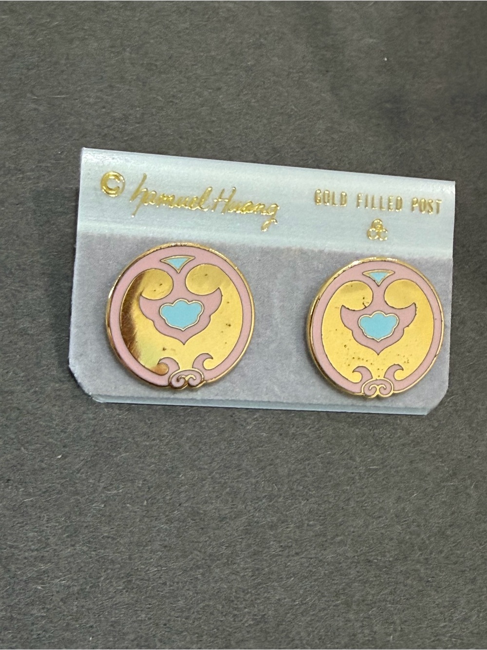 NWT Cloisonné Pink, Gold & Blue Enamel Tibetan Motif Stud Earrings Gold Filled